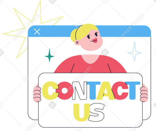 Lettering Contact Us with girl in browser text PNG, SVG