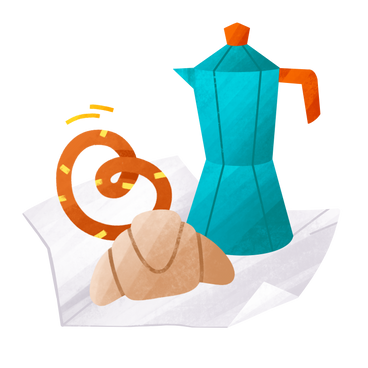 Coffee maker, pretzel and croissant for a delicious breakfast pastry PNG, SVG