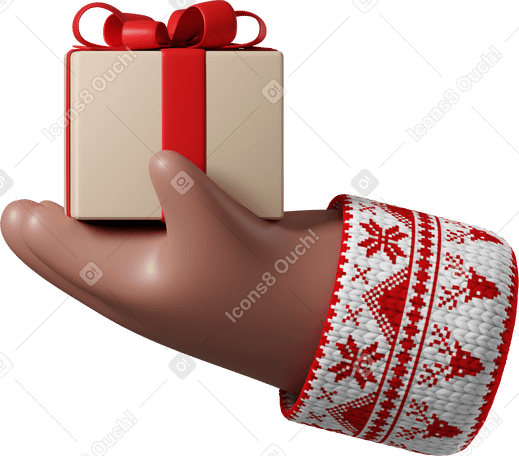3D Рука с коричневой кожей в белом свитере с рождественским узором держит подарочную коробку в PNG, SVG