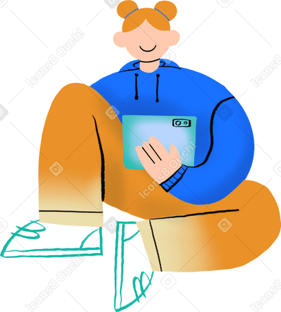 school girl sitting with a tablet в PNG, SVG
