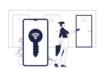 Frau bringt digitalen schlüssel an hoteltür an PNG, SVG