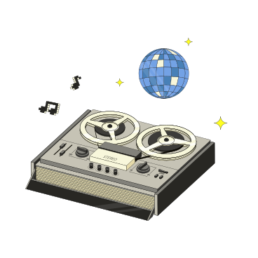 Ilustração animada de Gravador retrô de bobina a bobina e bola de discoteca em GIF, Lottie (JSON), AE