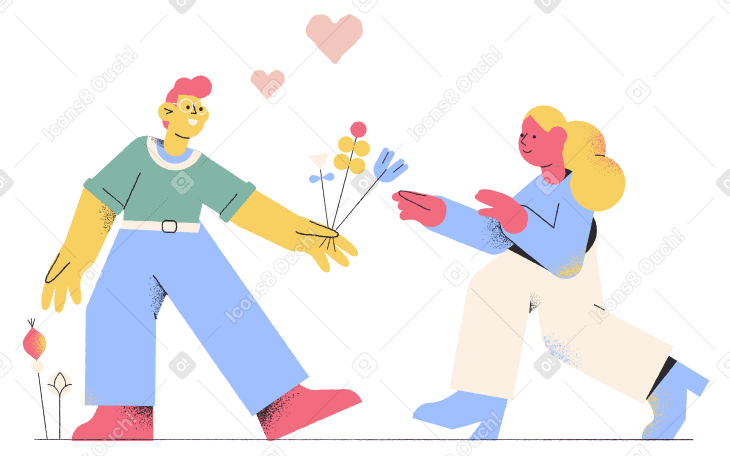 Man presenting woman with a bouquet on a date PNG, SVG