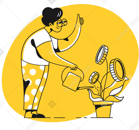 Old lady watering a plant with money Illustration in PNG, SVG