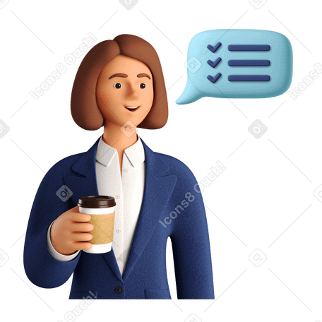 3D Businesswoman on a coffee break after finishing all tasks Illustration in PNG, SVG