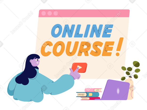 Online course text in the browser and girl presses the button PNG, SVG