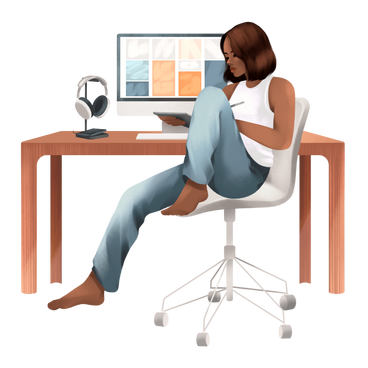 Женщина-графический дизайнер работает за своим столом в PNG, SVG