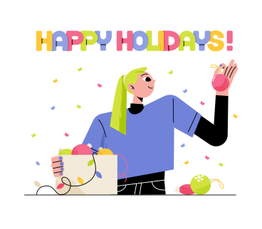 Lettering Happy Holidays! with woman looking at Christmas decorations PNG, SVG