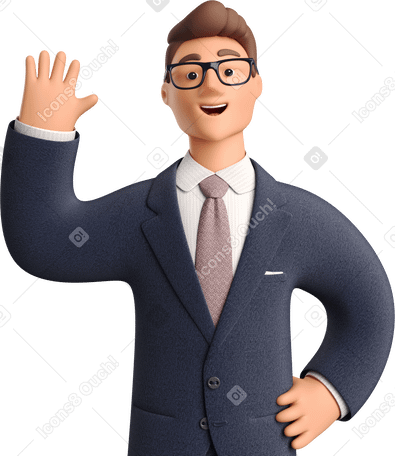 3D businessman in dark blue suit waving hello в PNG, SVG