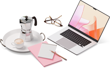Isometric view of laptop, glasses, notebooks, moka pot and cup on tray PNG, SVG