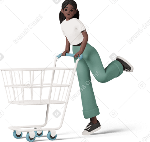 3D black girl with empty shopping cart PNG, SVG