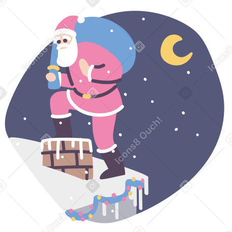Santa Claus with a bag of presents on the roof by the chimney on Christmas Eve PNG, SVG