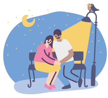 Man and a woman in love embracing on a bench under a street lamp in the evening PNG, SVG