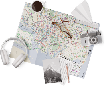 Vista superior del mapa, auriculares, postal, taza y vasos. PNG, SVG
