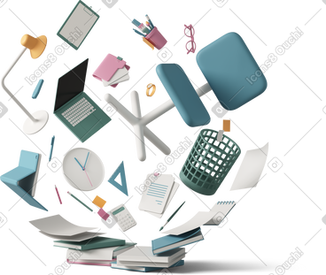 Laptop with falling and balancing office supplies PNG, SVG