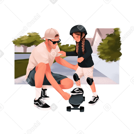 Father teaches daughter to skateboard outside the house Illustration in PNG, SVG