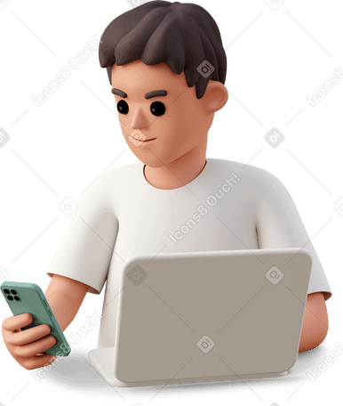 3D boy using laptop and phone Illustration in PNG, SVG