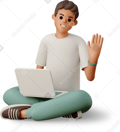 3D young man sitting with laptop and waving Illustration in PNG, SVG