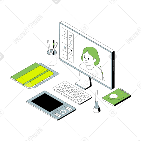 Computer and drawing tablet for a digital artist Illustration in PNG, SVG