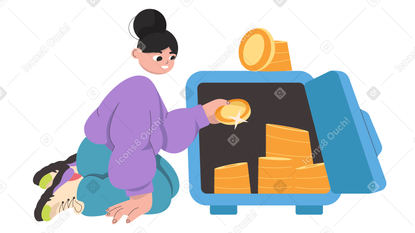 Girl putting a coin in the safe Illustration in PNG, SVG