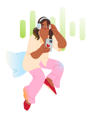 ヘッドフォンをつけてポッドキャストを聞いている女性 PNG、SVG