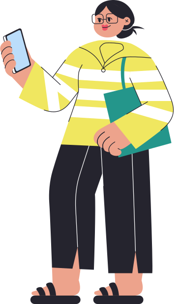 Woman standing and looking at her smartphone PNG, SVG