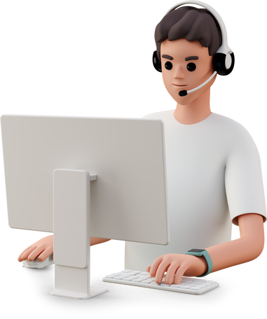 young man in headset using computer Illustration in PNG, SVG