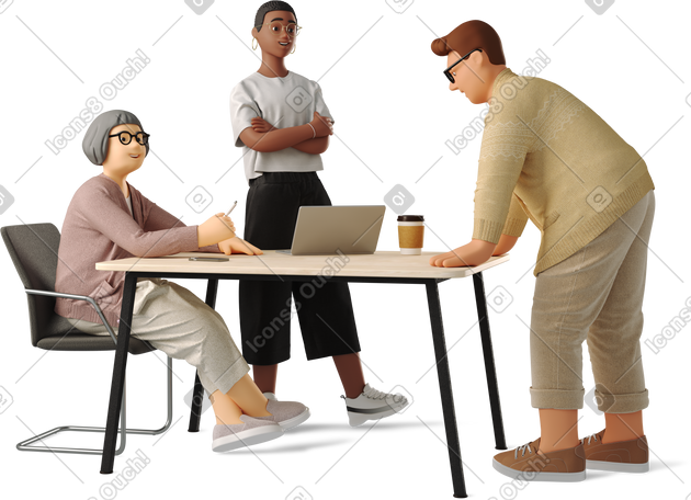 3D three people discussing a project together PNG, SVG