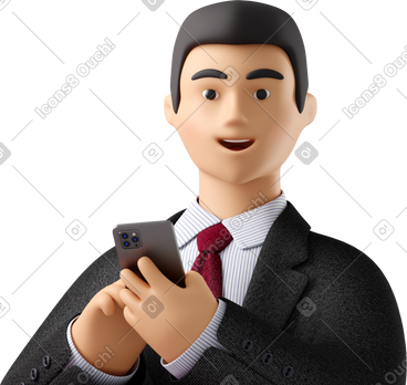 Close up of businessman in black suit with phone looking straight PNG, SVG