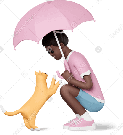 3D girl holding umbrella and looking at cat PNG, SVG
