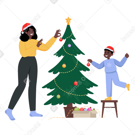크리스마스 트리를 장식하는 엄마와 아이 PNG, SVG