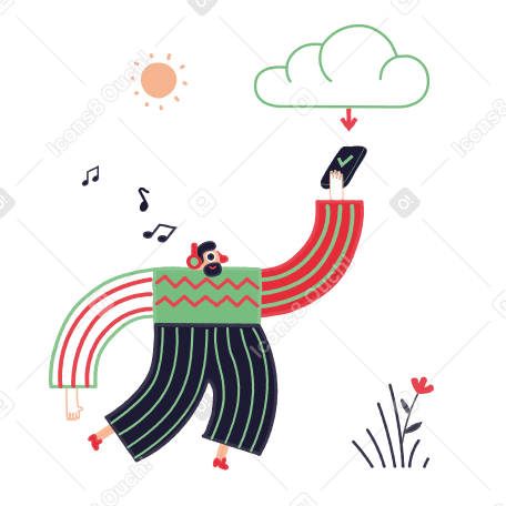 Man downloading music on his phone from cloud storage Illustration in PNG, SVG