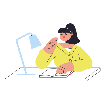 Thinking woman reading book at desk PNG, SVG
