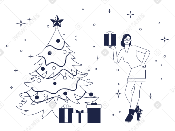 Woman with gift near christmas tree PNG, SVG