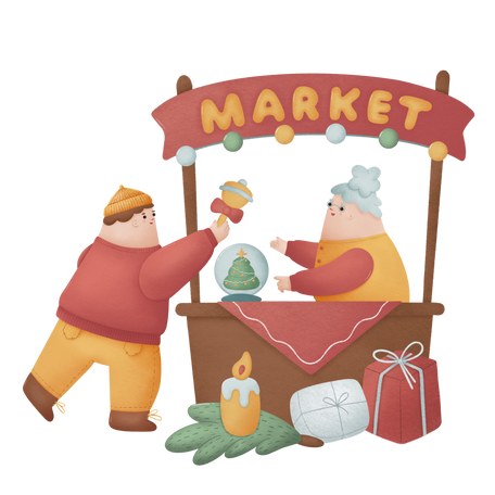 Buying gifts at christmas market Illustration in PNG, SVG