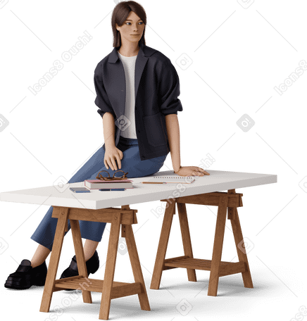 three quarter view of young woman sitting on the table в PNG, SVG