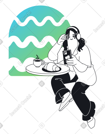 戴着耳机的女人在吃早餐时看视频 PNG, SVG