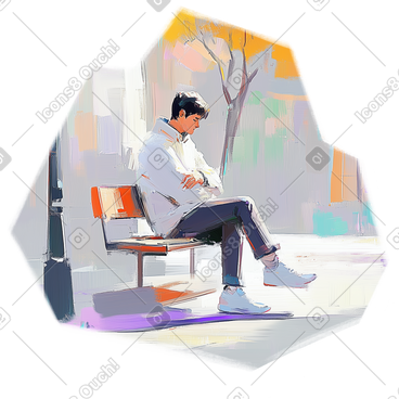 一名男子在公园长椅上等待的油画 PNG, SVG