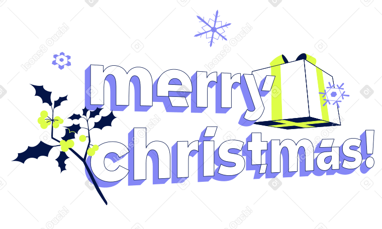 Text Merry Christmas with gift box, holly and snowflakes PNG, SVG