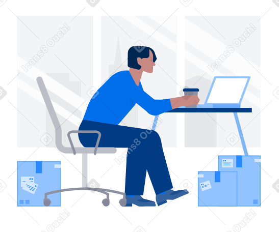 Man with coffee sits in office chair and works on laptop with several parcels around him Illustration in PNG, SVG