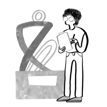 Black and white art student looking at abstract statue PNG, SVG