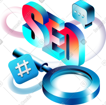 SEO analytics with magnifier, hash button and speech bubble PNG, SVG