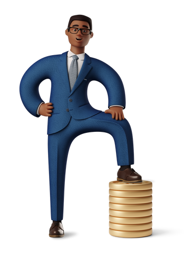 Bitcoin advisor man standing with one foot on a stack of coins PNG, SVG