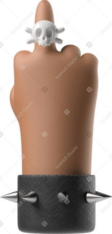 3D Рука рокера с коричневой кожей показывает средний палец с кольцом в виде черепа в PNG, SVG