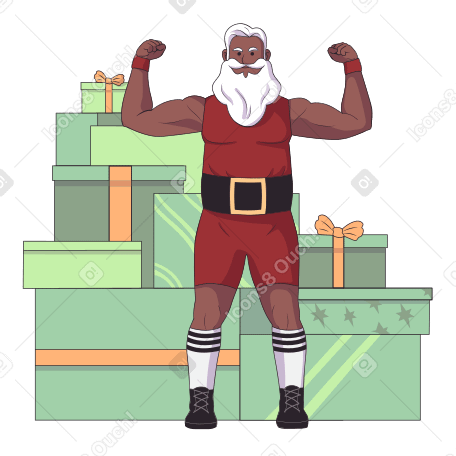 Спортивный санта-клаус перед стопкой рождественских подарков в PNG, SVG