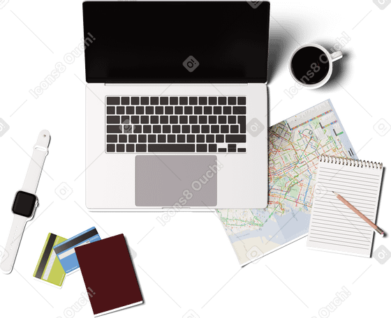 3D Vista superior de la computadora portátil, el reloj inteligente, el mapa, las tarjetas de crédito y el pasaporte PNG, SVG