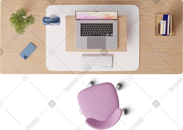 3D top view of desk with laptop PNG, SVG