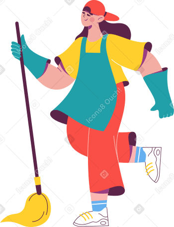 женщина с метлой в фартуке и перчатках в PNG, SVG