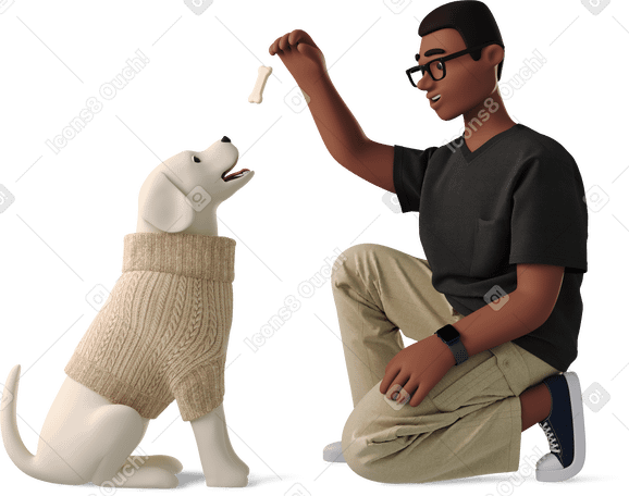 3D young man feeding a dog PNG, SVG