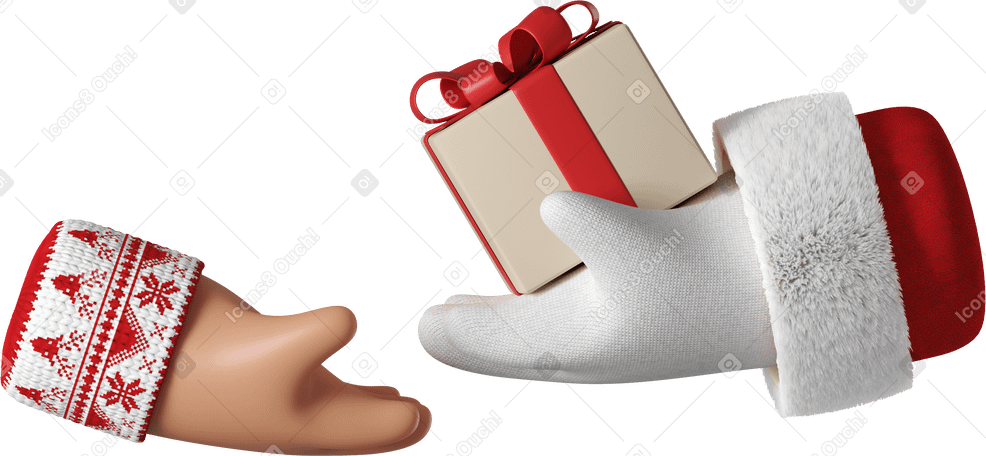 3D Santa Claus giving a gift box to tanned skin hand в PNG, SVG
